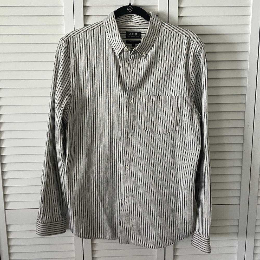 A.P.C. Striped White and Blue Button-Down Shirt 100% Cotton Size XL